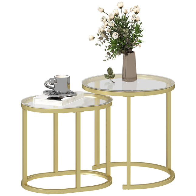 Modern Coffee Table Set of 2 with Steel Frame and Tempered Glass Tabletops - Clear