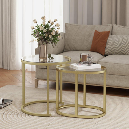 Modern Coffee Table Set of 2 with Steel Frame and Tempered Glass Tabletops - Clear