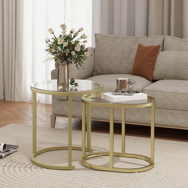 Modern Coffee Table Set of 2 with Steel Frame and Tempered Glass Tabletops - Clear