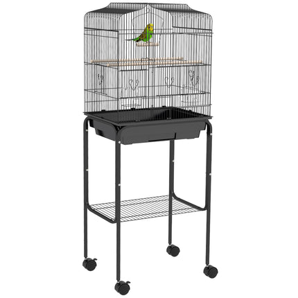 Budgie Finch Canary Parakeet Bird Cage with Stand, Wheels, Slide-Out Tray & Storage Shelf - Black
