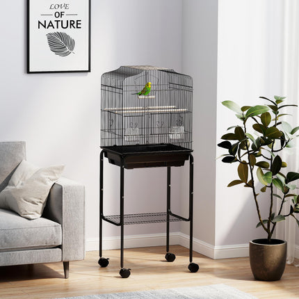 Budgie Finch Canary Parakeet Bird Cage with Stand, Wheels, Slide-Out Tray & Storage Shelf - Black