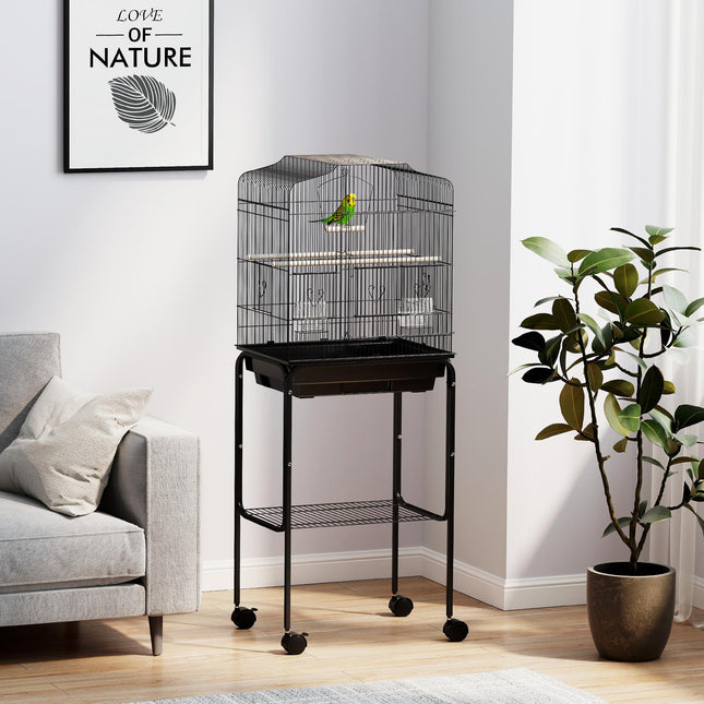 Budgie Finch Canary Parakeet Bird Cage with Stand, Wheels, Slide-Out Tray & Storage Shelf - Black