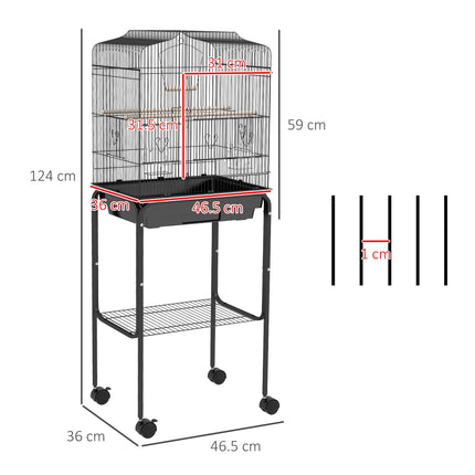 Budgie Finch Canary Parakeet Bird Cage with Stand, Wheels, Slide-Out Tray & Storage Shelf - Black