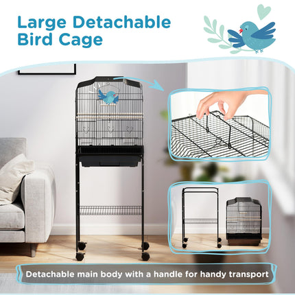 Budgie Finch Canary Parakeet Bird Cage with Stand, Wheels, Slide-Out Tray & Storage Shelf - Black