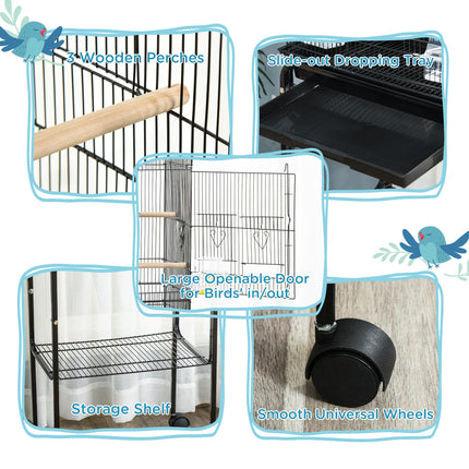 Budgie Finch Canary Parakeet Bird Cage with Stand, Wheels, Slide-Out Tray & Storage Shelf - Black