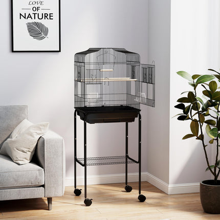Budgie Finch Canary Parakeet Bird Cage with Stand, Wheels, Slide-Out Tray & Storage Shelf - Black