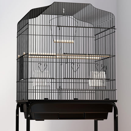 Budgie Finch Canary Parakeet Bird Cage with Stand, Wheels, Slide-Out Tray & Storage Shelf - Black
