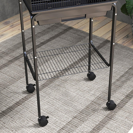 Budgie Finch Canary Parakeet Bird Cage with Stand, Wheels, Slide-Out Tray & Storage Shelf - Black