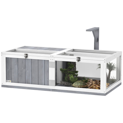 Wooden Tortoise House with Lamp Holder, Observation Window & Openable Tops - Light Grey