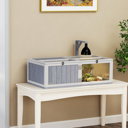 Wooden Tortoise House with Lamp Holder, Observation Window & Openable Tops - Light Grey
