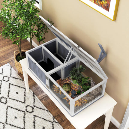 Wooden Tortoise House with Lamp Holder, Observation Window & Openable Tops - Light Grey