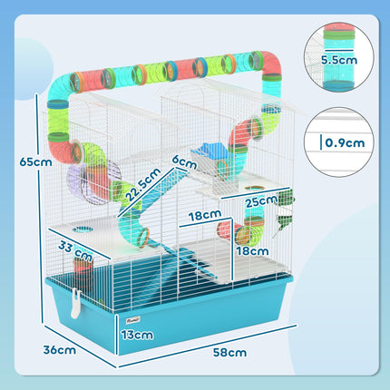 4 Tier Hamster Cage with Tubes, Exercise Wheel, Hut & Accessories for Dwarf Hamsters - Light Blue