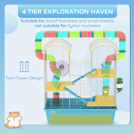 4 Tier Hamster Cage with Tubes, Exercise Wheel, Hut & Accessories for Dwarf Hamsters - Light Blue