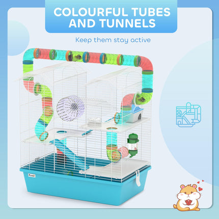 4 Tier Hamster Cage with Tubes, Exercise Wheel, Hut & Accessories for Dwarf Hamsters - Light Blue