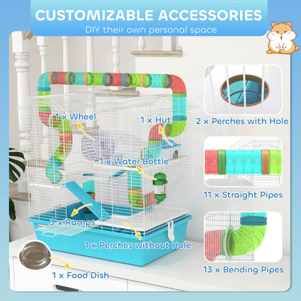 4 Tier Hamster Cage with Tubes, Exercise Wheel, Hut & Accessories for Dwarf Hamsters - Light Blue