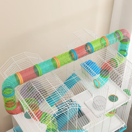 4 Tier Hamster Cage with Tubes, Exercise Wheel, Hut & Accessories for Dwarf Hamsters - Light Blue