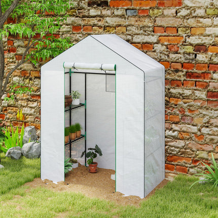 1.43m Walk-In Greenhouse with Shelves and UV-Resistant Cover - White