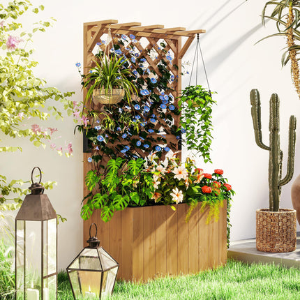 Freestanding Wooden Raised Planter with Trellis and Liner - Natural