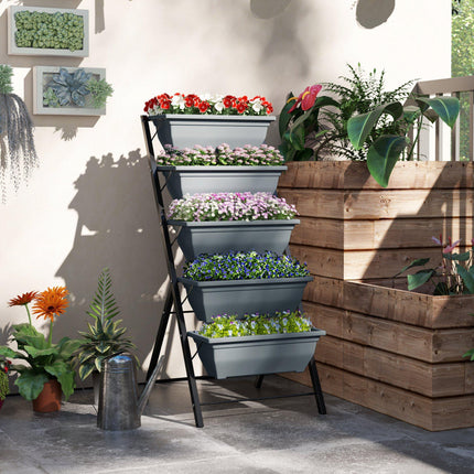 5-Tier Raised Garden Bed, Vertical Ladder Plant Stand with 5 Removable Boxes, Drainage Holes and Plugs, Indoor Outdoor Elevated Flower Herb Growing Box for Garden Patio Balcony, Grey