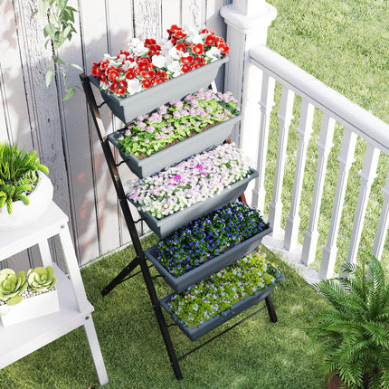5-Tier Raised Garden Bed, Vertical Ladder Plant Stand with 5 Removable Boxes, Drainage Holes and Plugs, Indoor Outdoor Elevated Flower Herb Growing Box for Garden Patio Balcony, Grey
