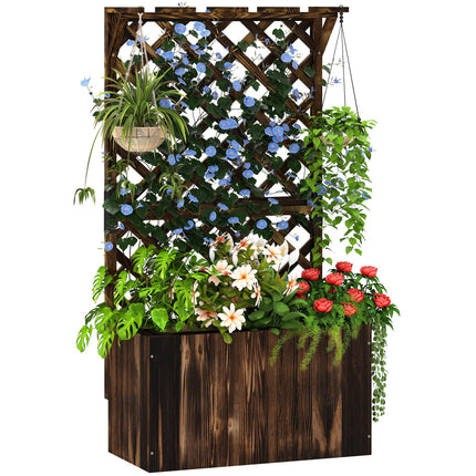 Wooden Raised Garden Bed with Trellis and Liner - Carbonised