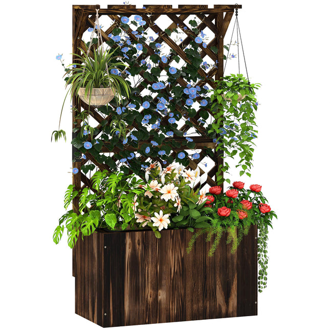 Wooden Raised Garden Bed with Trellis and Liner - Carbonised