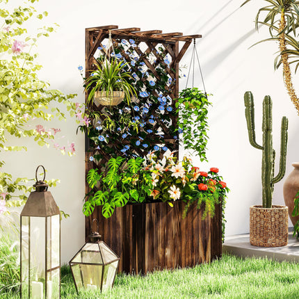 Wooden Raised Garden Bed with Trellis and Liner - Carbonised