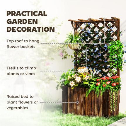 Wooden Raised Garden Bed with Trellis and Liner - Carbonised