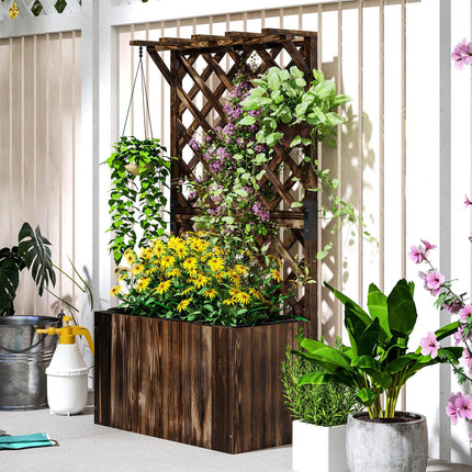 Wooden Raised Garden Bed with Trellis and Liner - Carbonised