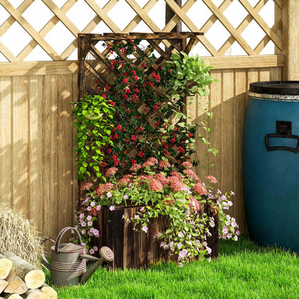 Wooden Raised Garden Bed with Trellis and Liner - Carbonised