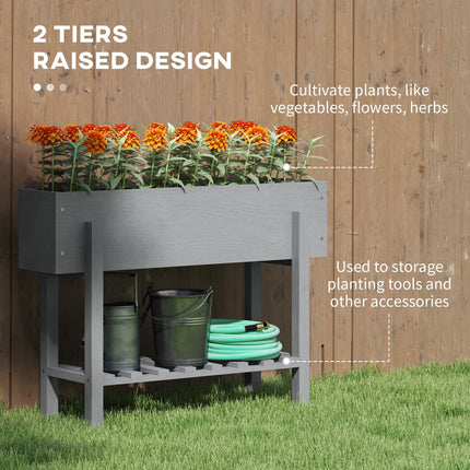Two Tier Wooden Raised Planter with Drainage Holes - Grey