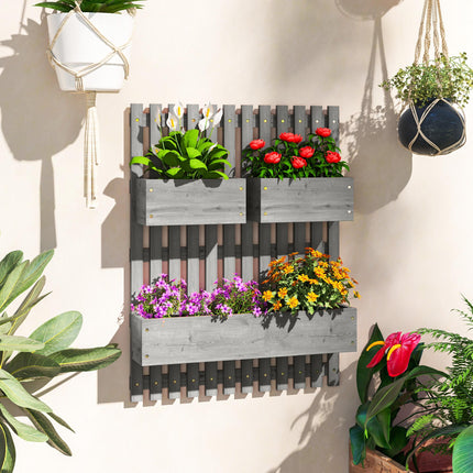 Set of 3 Wooden Wall-Mounted Garden Planters with Trellis - Grey
