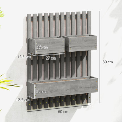 Set of 3 Wooden Wall-Mounted Garden Planters with Trellis - Grey