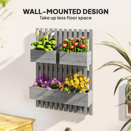 Set of 3 Wooden Wall-Mounted Garden Planters with Trellis - Grey