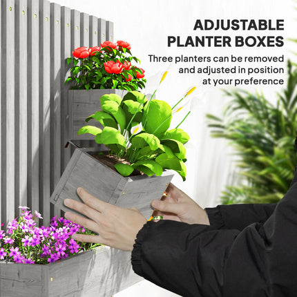 Set of 3 Wooden Wall-Mounted Garden Planters with Trellis - Grey