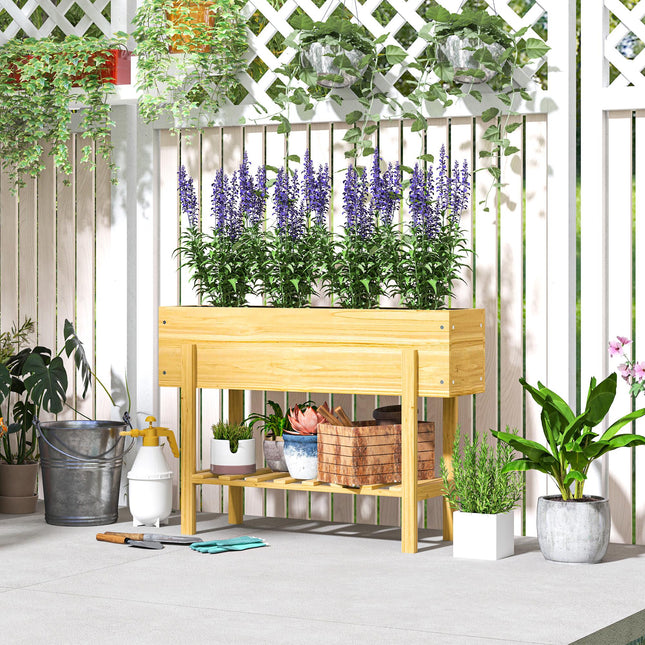 Wooden Raised Garden Bed with Drainage Holes and Storage Shelf - Natural Finish