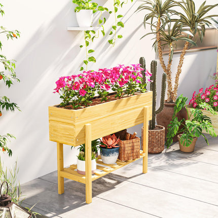 Wooden Raised Garden Bed with Drainage Holes and Storage Shelf - Natural Finish