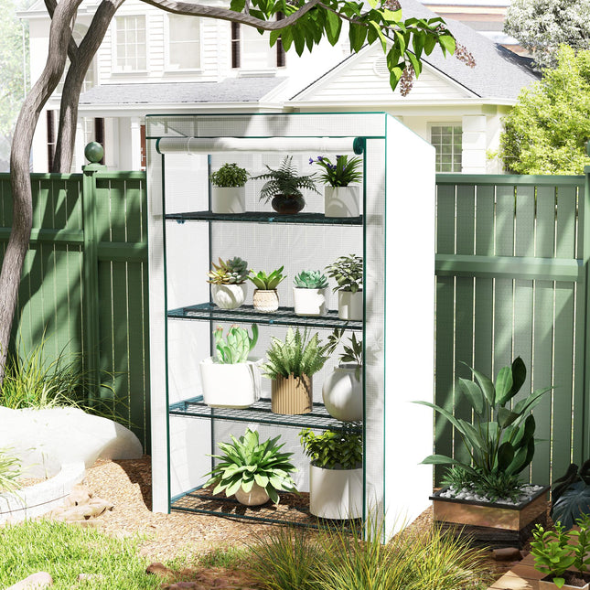 4 Tier Lean-To Mini Greenhouse with Reinforced PE Cover - Green