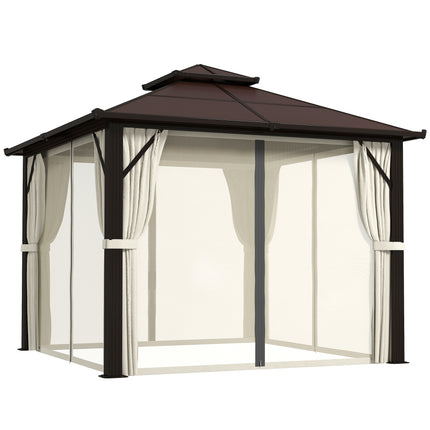 3x3m Hardtop Gazebo Canopy with UPF30+ Double Polycarbonate Roof, Aluminium Frame, Mosquito Netting & Curtains - Beige