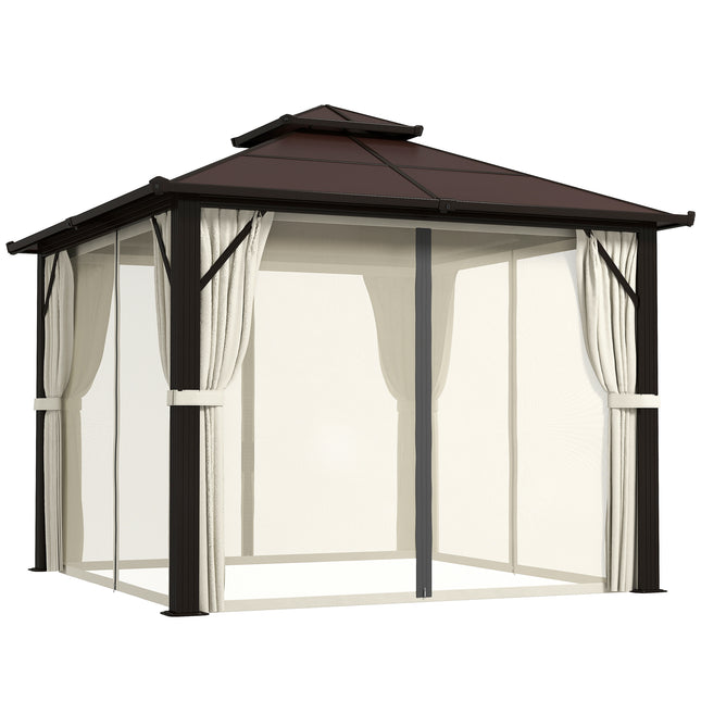 3x3m Hardtop Gazebo Canopy with UPF30+ Double Polycarbonate Roof, Aluminium Frame, Mosquito Netting & Curtains - Beige