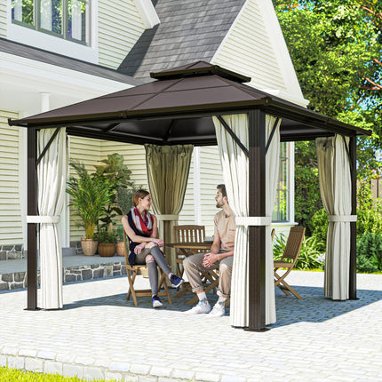 3x3m Hardtop Gazebo Canopy with UPF30+ Double Polycarbonate Roof, Aluminium Frame, Mosquito Netting & Curtains - Beige