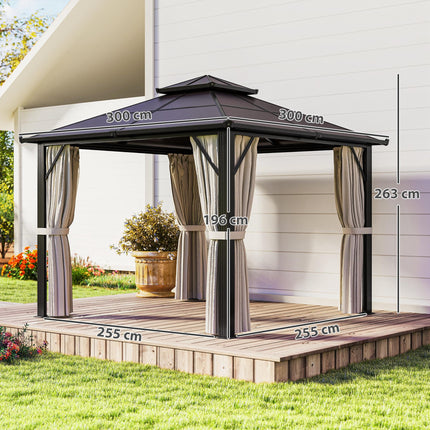 3x3m Hardtop Gazebo Canopy with UPF30+ Double Polycarbonate Roof, Aluminium Frame, Mosquito Netting & Curtains - Beige
