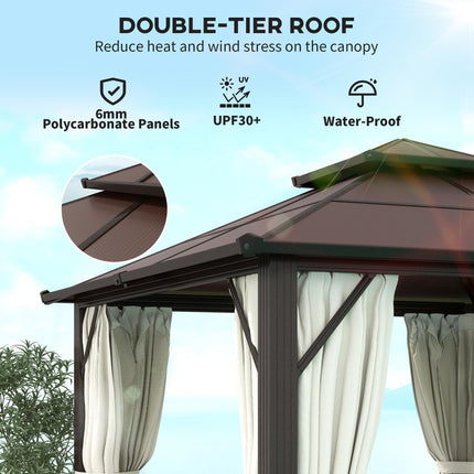 3x3m Hardtop Gazebo Canopy with UPF30+ Double Polycarbonate Roof, Aluminium Frame, Mosquito Netting & Curtains - Beige