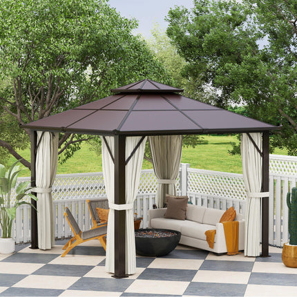 3x3m Hardtop Gazebo Canopy with UPF30+ Double Polycarbonate Roof, Aluminium Frame, Mosquito Netting & Curtains - Beige
