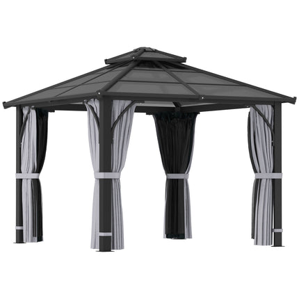 3 x 3m Hardtop Gazebo Canopy with 7mm Double Polycarbonate Roof, Mosquito Netting & Curtains - Dark Grey