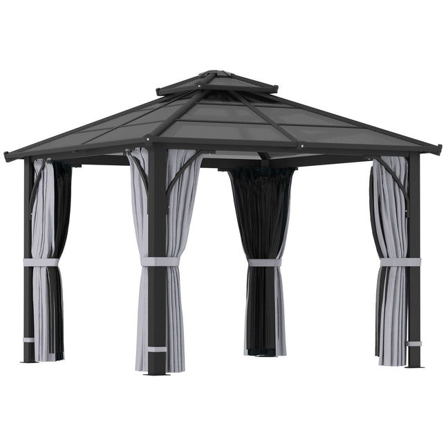 3 x 3m Hardtop Gazebo Canopy with 7mm Double Polycarbonate Roof, Mosquito Netting & Curtains - Dark Grey