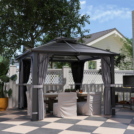 3 x 3m Hardtop Gazebo Canopy with 7mm Double Polycarbonate Roof, Mosquito Netting & Curtains - Dark Grey