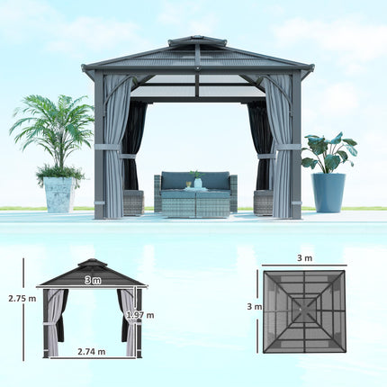 3 x 3m Hardtop Gazebo Canopy with 7mm Double Polycarbonate Roof, Mosquito Netting & Curtains - Dark Grey