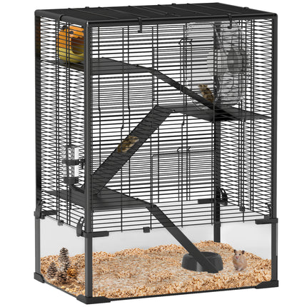 4 Tiers Hamster Cage with Tempered Glass Bottom, Hut, Wheel, Food Dish & Water Bottle, 60x40x80cm - Black