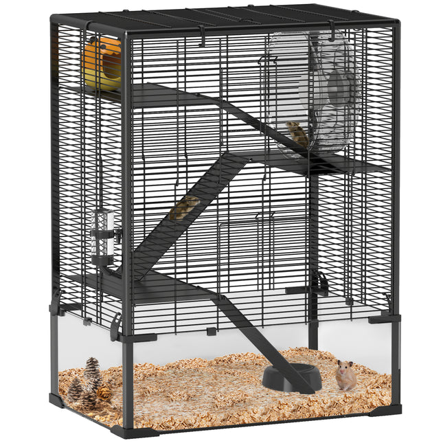 4 Tiers Hamster Cage with Tempered Glass Bottom, Hut, Wheel, Food Dish & Water Bottle, 60x40x80cm - Black
